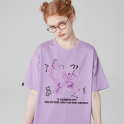 奶系浅紫色短袖t恤女chic小众原创卡通学院风正肩休闲风百搭上衣