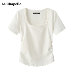 拉夏贝尔lachapelle正肩纯色，短袖t恤女夏季简约u领短款上衣