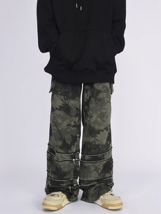 美式复古cleanfit风拉链设计迷彩牛仔裤男女高街嘻哈直筒宽松长裤