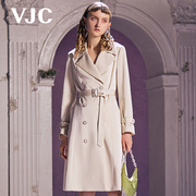 VJC/威杰思春夏女装浅杏色中长款高腰修身气质风衣外套
