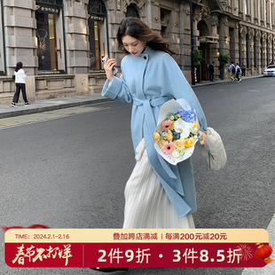 zhuyiyi一粒扣系带蓝色手工，双面羊绒大衣女，秋冬气质立领毛呢外套