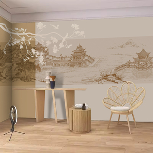 现代中式轻奢玉兰阁楼意境风卧室客厅电视背景墙壁布壁纸定制壁画