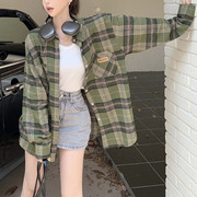 美式复古绿色格子衬衫女春秋2023夏季设计感小众衬衣外套上衣