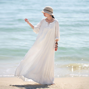 棉麻白色连衣裙女春季长裙文艺，海边度假沙滩，裙裙子减龄飘逸仙女裙