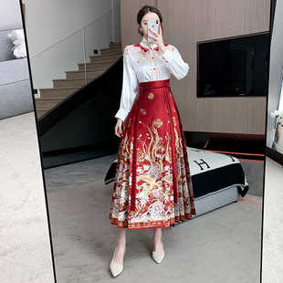 新中式中国风马面裙女2024春夏款印花新娘伴娘敬酒服中长款半身裙