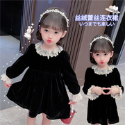 女童丝绒连衣裙2024春秋，韩版小童时髦裙子，儿童洋气春装公主裙