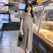 孕妇装夏装时尚娃娃领短袖，格子棉麻连衣裙2024夏季韩版裙子夏