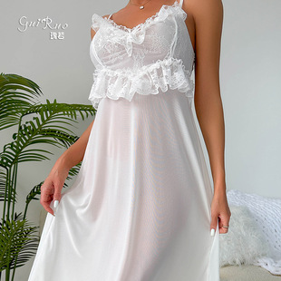 品牌套装9628瑰若欧美风网纱性感，透视纯色透视长裙，系带蕾丝外袍女