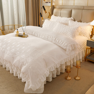 韩版公主风夹棉绗缝床盖款四件套纯白色花边被套四季通用床上用品