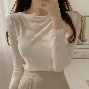 韩国女装早秋简约一字领亲肤柔软薄款微透性感长袖T恤打底衫
