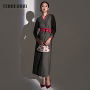 香莎CHANSARR 优雅气质灰色格纹羊毛开叉连衣裙 蕾丝拼接v领长裙