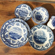 外贸原单出口英国复古青花蓝色城堡装饰陶瓷，餐具西餐盘子碗咖啡杯