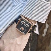 古欧时尚潮男表个性双机芯，男士手表表带，男款方形石英真皮国产腕表