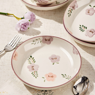 紫萱花盘子菜盘家用时尚，7英寸深盘陶瓷碗盘餐具，套装菜碗碟子餐盘