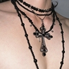 小众黑色珍珠串珠项链重工多层毛衣链choker镶钻十字架叠戴颈链女