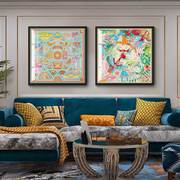 美式轻奢装饰画沙发背景墙，艺术丝巾风格卧室，挂画现代组合客厅壁画