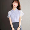 沐娜希竖条纹雪纺衬衫女夏季2024韩版立领衬衣设计感短袖上衣