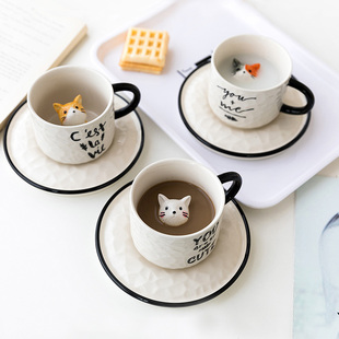 猫咪小动物水杯里面有橘猫咖啡茶杯躲猫猫元素礼物女陶瓷马克杯子