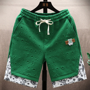 假两件卡通短裤男士夏季冰丝，凉感五分休闲裤子男绿色叠穿运动中裤