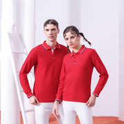 红色polo衫情侣一男一女，春秋季薄款拼色设计感大码小个子t恤衬衫