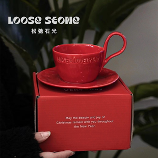 复古法式马克杯红色咖啡杯陶瓷，杯子水杯设计感情侣下午茶礼盒装