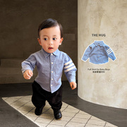 宝宝经典衬衫男童秋款织带翻领打底衫，婴儿蓝衬衫，baby蓝衬衣长袖潮