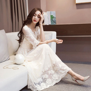 2022夏季女装韩国白色蕾丝，连衣裙气质名媛，中长款过膝仙女长裙