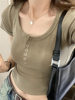 甜辣妹方领短袖t恤女夏季纯欲咖色弹力修身基础紧身性感短款上衣