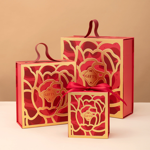 中式红粉蓝色花朵暗纹玫瑰金边手提式婚礼桌糖盒伴手礼盒手提盒