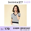 iammix27短袖套头针织衫女个性撞色条纹短款泡泡，袖polo领针织上衣