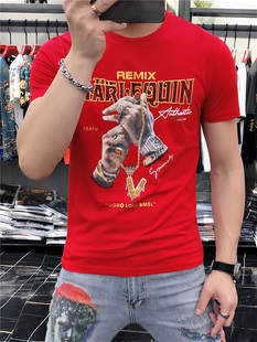 男士红色t恤夏季欧洲站潮牌高端纯棉男修身印花短袖2022上衣