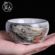 官窑手绘银茶杯纯手工功夫茶具单个主人杯陶瓷大号开片可养品茗杯
