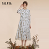 talasa2022夏季长袖连衣裙丝棉印花薄款百褶气质收腰显瘦裙子