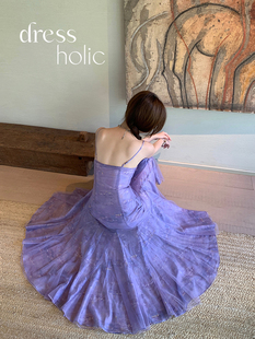 dressholic莫奈浅紫色油画，印花度假风吊带连衣裙法式茶歇高级感