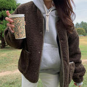 韩国加厚两面穿圆领羊羔毛短款棉袄秋冬季减龄女春秋炸街外套