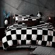 床上四件套简约黑白格子条纹，床单被套床笠三4件套秋0914n