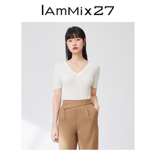 IAmMIX27短袖V领针织衫女修身显瘦白色简约镂空薄款针织套头衫女