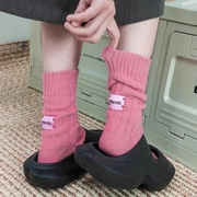 秋冬日系粉色标签纯色原胚棉粗线针织中筒袜子网红男女堆堆袜ins