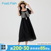 快鱼复古时尚连衣裙2024女夏季假两件设计拼接系带，泡泡袖长裙