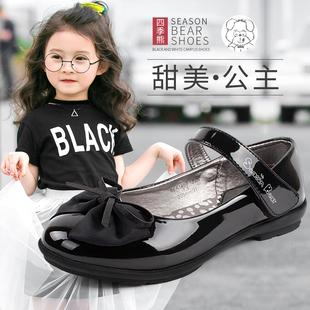四季熊黑色(熊黑色)女童公主鞋，儿童皮鞋软底，平跟女孩单鞋韩版学生演出鞋子