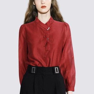 国风新中式别致设计感新年红色潮流衬衫2024春季立领衬衣上衣