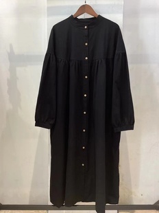 18367赫本风小黑裙压褶纯棉，长袖连衣裙纯色，大版遮肉单排扣衬衫裙