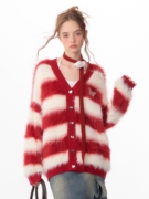 zizifei秋冬季软糯厚实红色，新年战袍圣诞，条纹针织毛衣开衫外套女