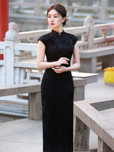 黑色旗袍新中式复古立领，改良年轻款绝美气质，长款连衣裙2024春夏
