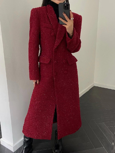 长款红色呢子大衣2023冬装女羽绒内胆，加厚气质收腰显瘦外套