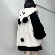 日系软妹可爱熊猫羊羔毛卫衣女，秋冬2021加绒外套宽松学生上衣