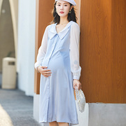2024年孕妇春季连衣裙，双翻领长袖雪纺纯色中长款高贵韩版裙子