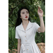 JUJU定制衬衫小白裙法式气质西装领白色正式场合面试连衣裙夏季女