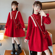 长袖洋气红色个性连衣裙秋冬季加绒加厚新年公主裙子