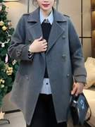 韩系中长款西装式双排扣时尚正肩大衣深灰色秋冬季外套上衣女